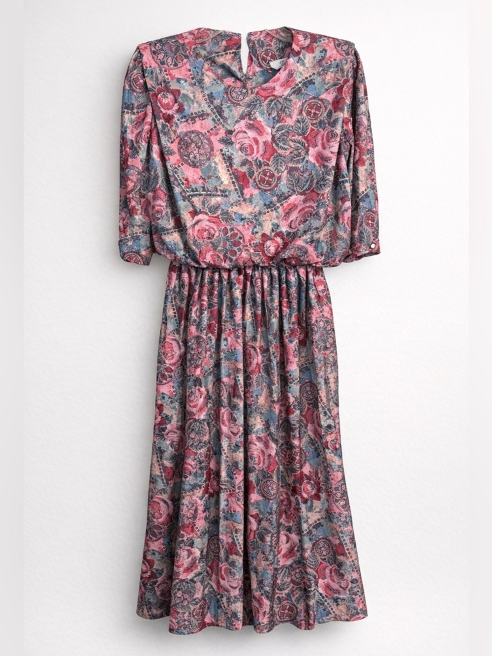 Vintage 80s Raspberry Pink & Dusty Teal Patchwork Midi Dress Blouson Waist S M